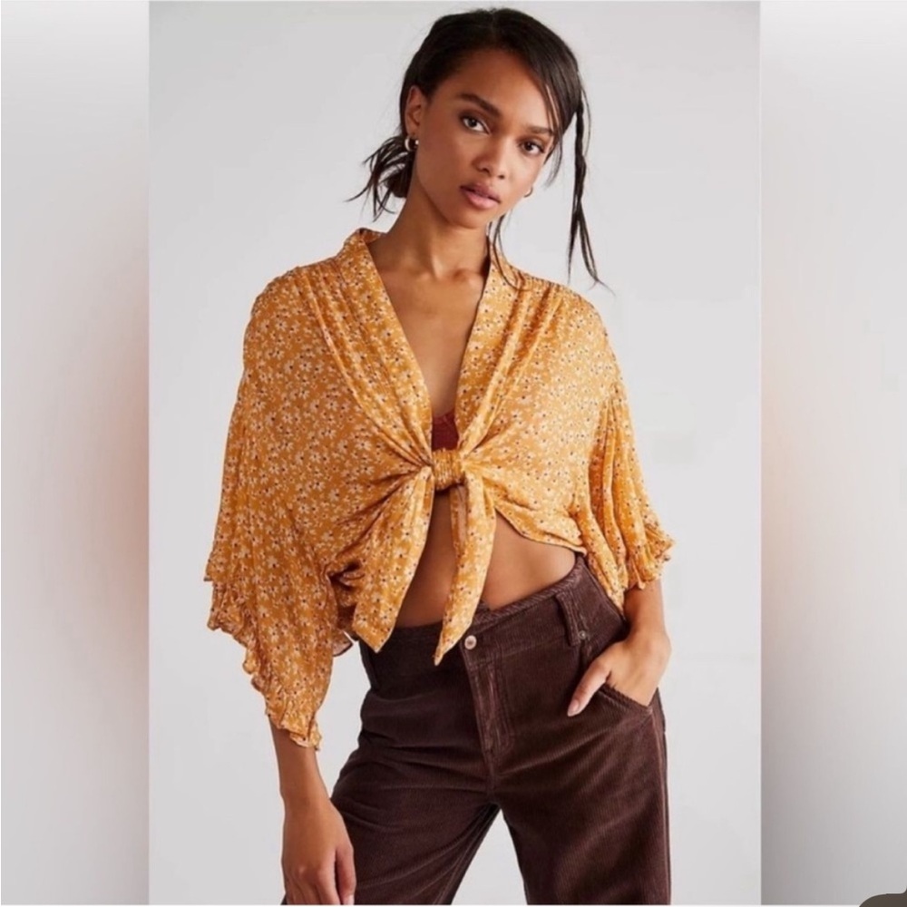 Free People Mustard Floral Tie-Front Blouse